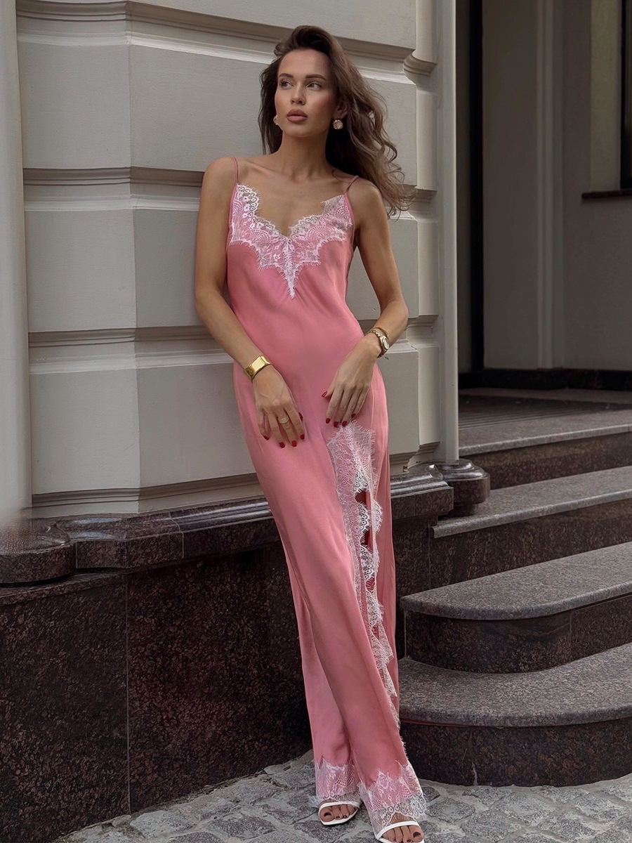 Cross-Border Lace Suspender Long Skirt European and American 2025 Summer Imitation Silk Sexy Slit Splicing Lace Dress for Women