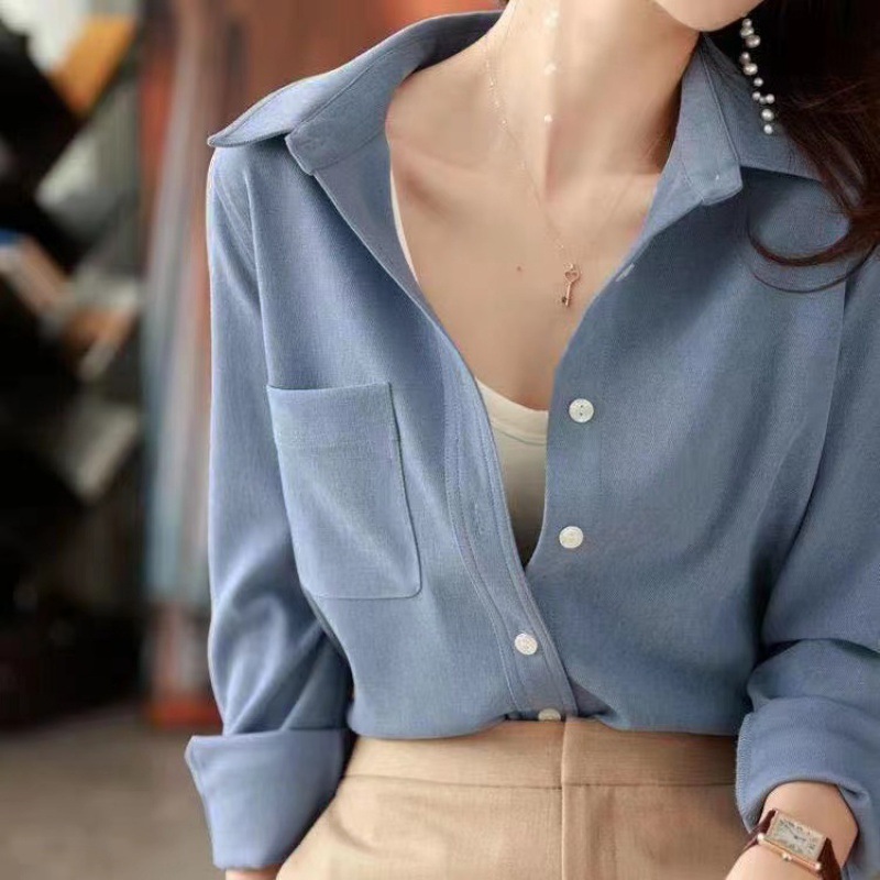 Picture of 2023 Summer New Sanding Corduroy Loose Slimming Thickened Outer Long Sleeve Stacked Base Shirt Women's Shirt