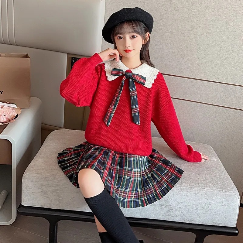 Girls Autumn and Winter New Fashion Retro Paid Skirt Sweater Two-piece Children Girls Stylish Doll Collar suit