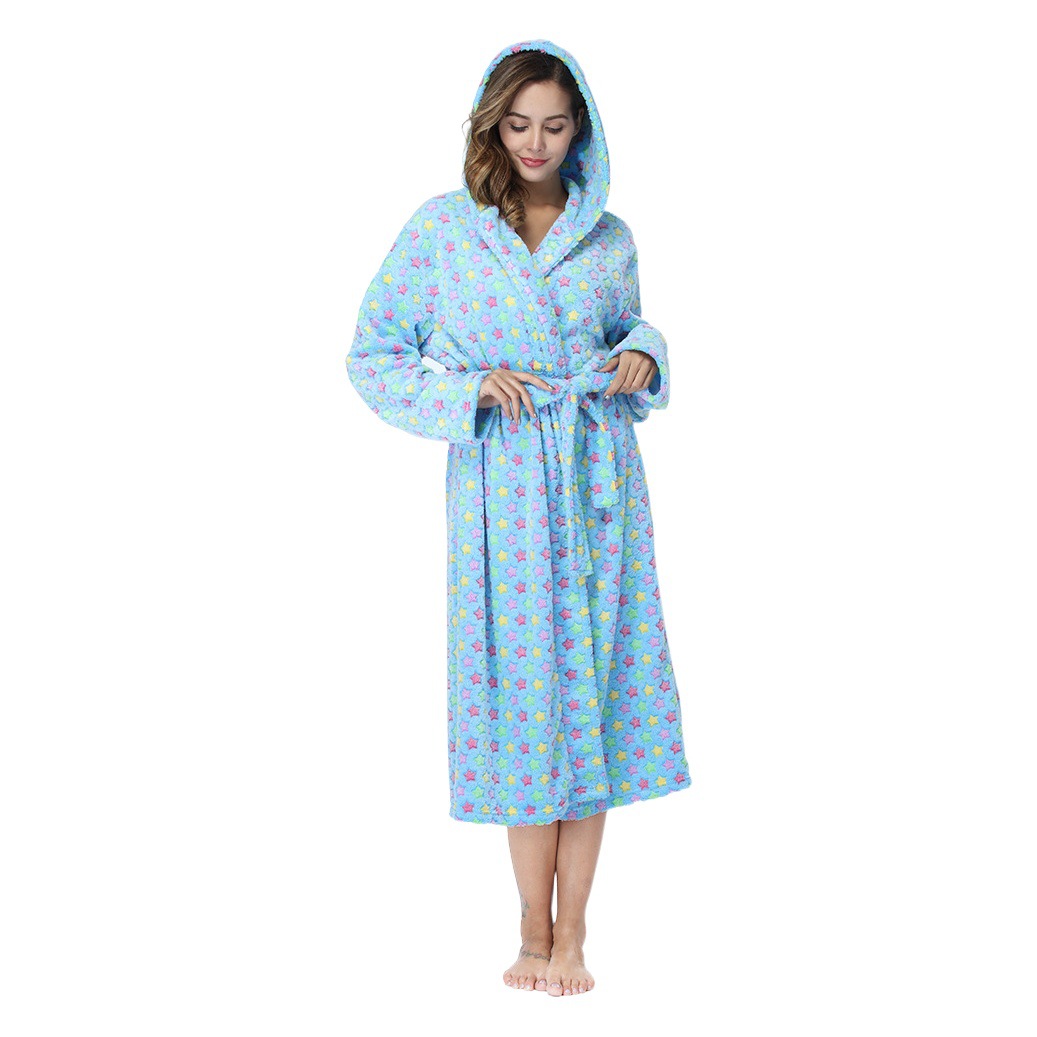 Cross-border flannel printed rainbow hooded large pocket nightgown hotel autumn and winter pajamas extended couple bathrobe