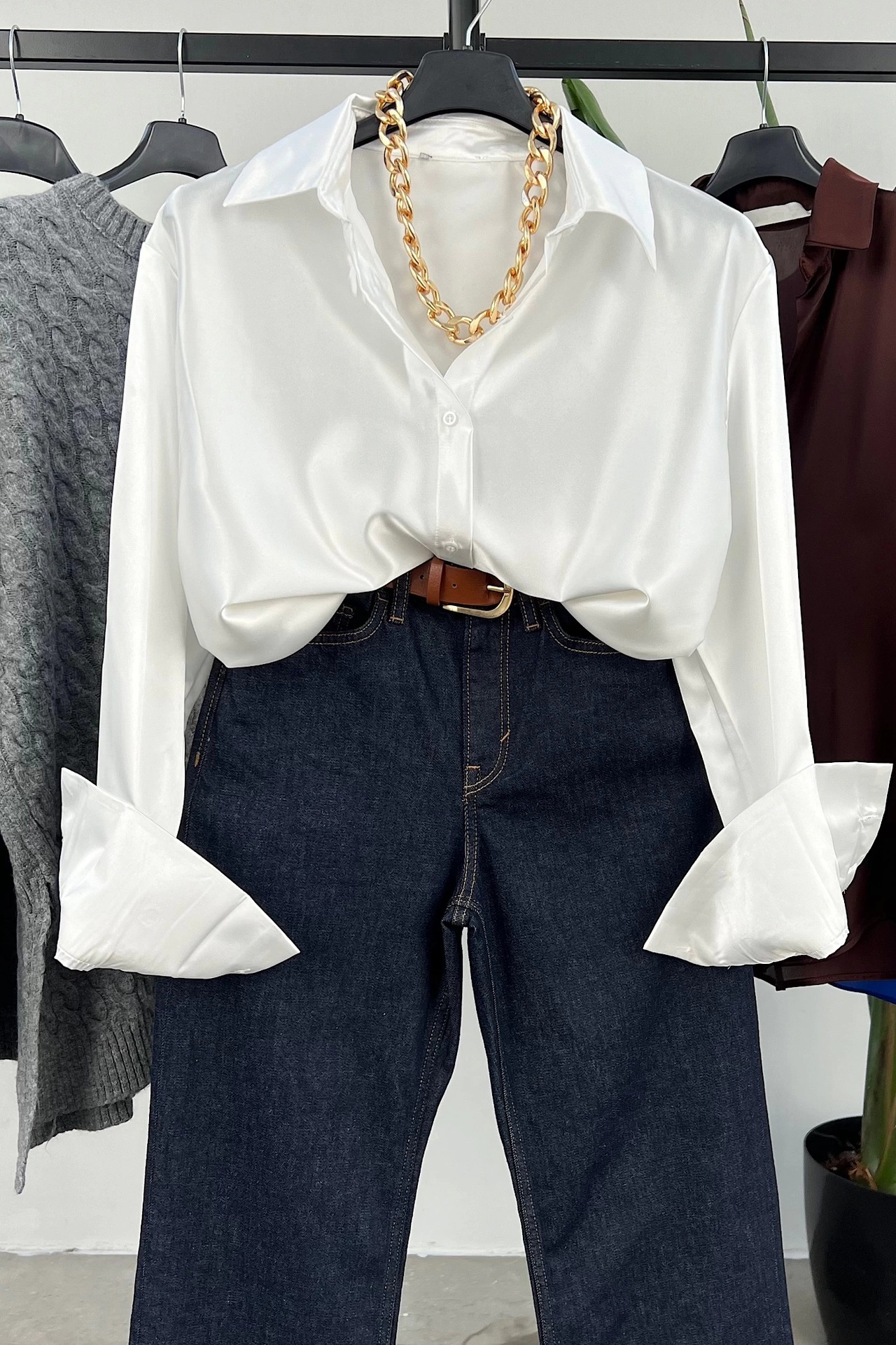 Picture of Independent station European and American cross-border lapel long sleeve button temperament slimming satin shirt women Wholesale
