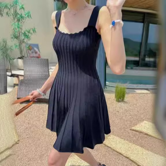 South Korea Chic Summer Vintage Elegant Lace U-Neck Slim-Fit Slimming Shell Skirt Knitted Slip Skirt dress Women