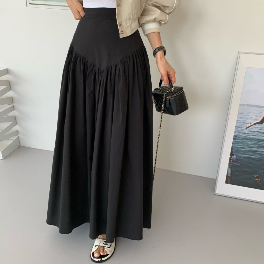 South Korea chic summer new versatile simple pleated design high waist over the knee versatile A- line skirt women's skirt