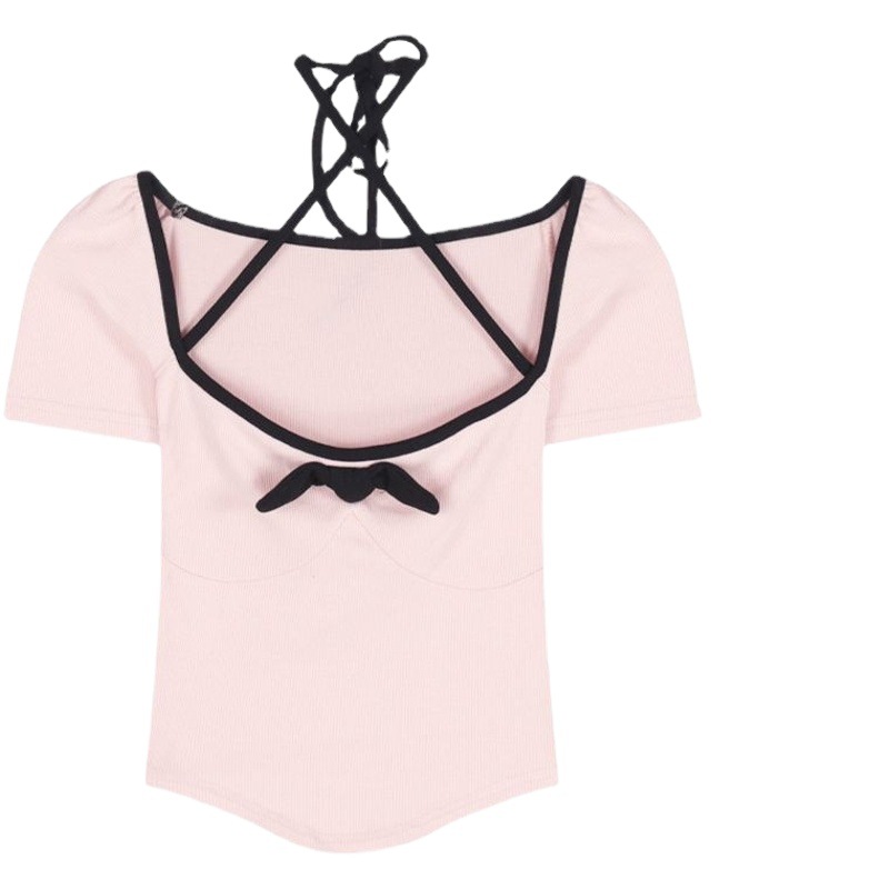 Pure Desire Bow U Neck Sexy Collarbone T-shirt Women's Summer Spice Girls Short Sleeve Top Short Low-cut Tight Base Shirt