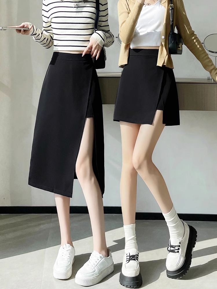 Black Split Skirt Women's Spring and Autumn Pure Sexy Elegant High Waist Slim-fit A- shaped Mid-length Hip Skirt