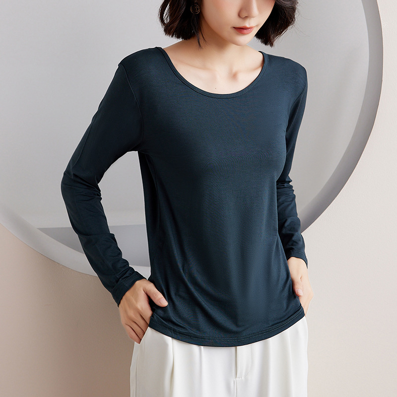 Picture of Women's Round Neck Inner Base Shirt for Autumn and Winter plus size Thin Autumn Clothes Solid Color Underwear Long-sleeved T-shirt for Women