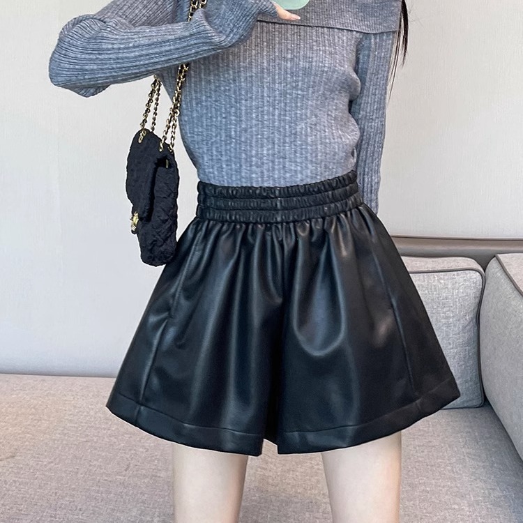 Picture of Black PU leather pants shorts women's winter New High waist A- line slimming wide leg pants small casual outerwear boot pants