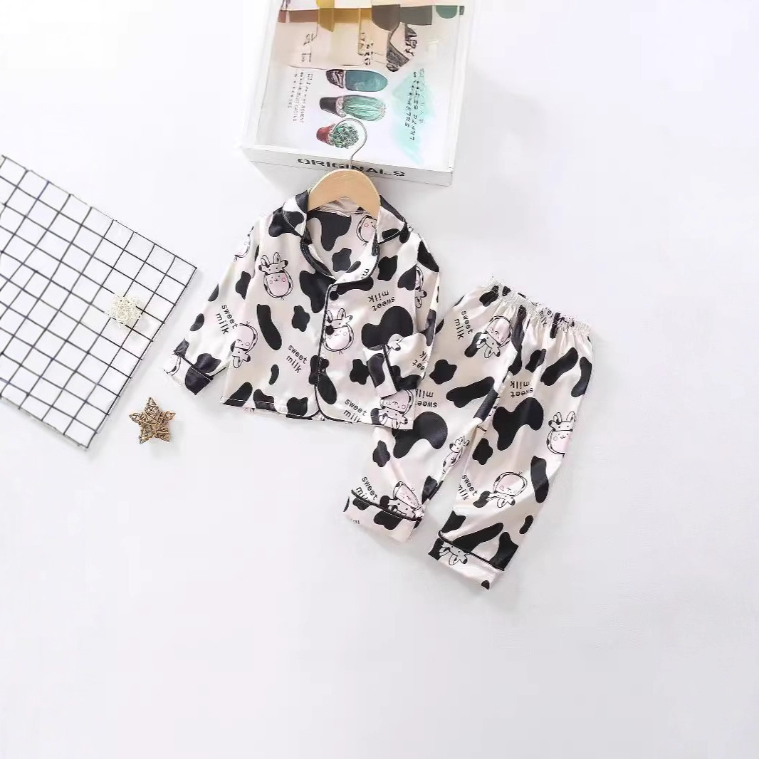 Picture of Aliexpress Girls Simulated Silk Pajamas 2024 New Children's Cute Home Clothes Cartoon Cow Thin Air Conditioning Clothes