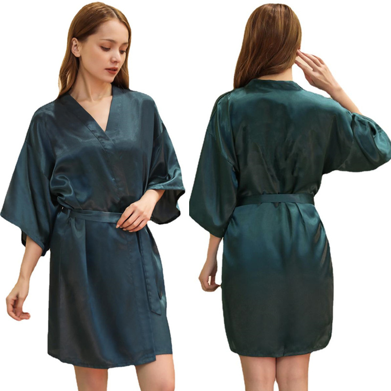 Picture of Amazon Cross-border Women's Twisted Sade Nightgown Bathrobe Solid Color Glow Summer Thin Sexy Short Cardigan Gown