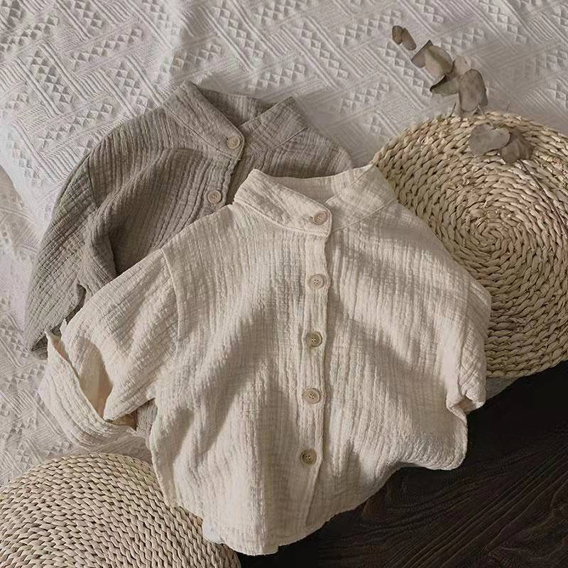 Mori retro ~ children's cotton shirt Western style stand collar baby cotton and linen shirt Korean style children's fashion shirt fashion