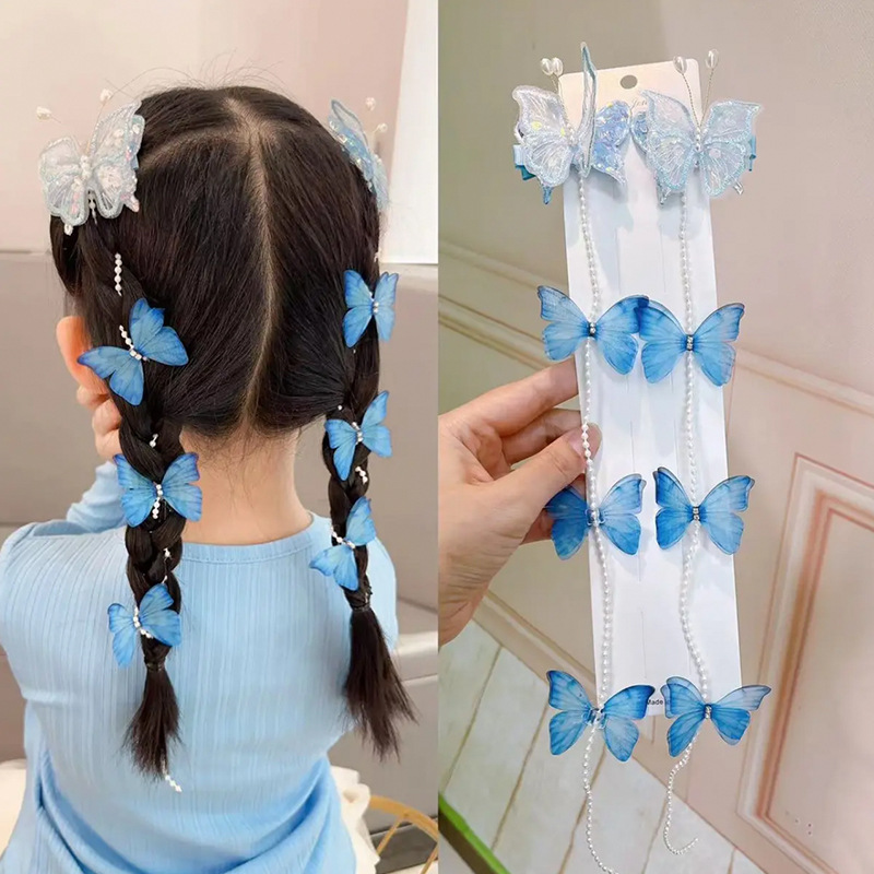 Picture of Little girl's new ancient style handmade butterfly pearl chain braided hairpin princess fairy head flower bead hair band headdress