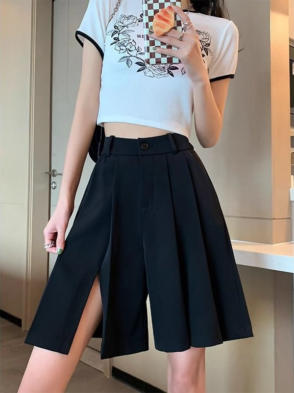 Black Suit Split Shorts Women's 2024 New Summer High Waist Loose A- line Wide Leg Pleated Five-point Casual Shorts