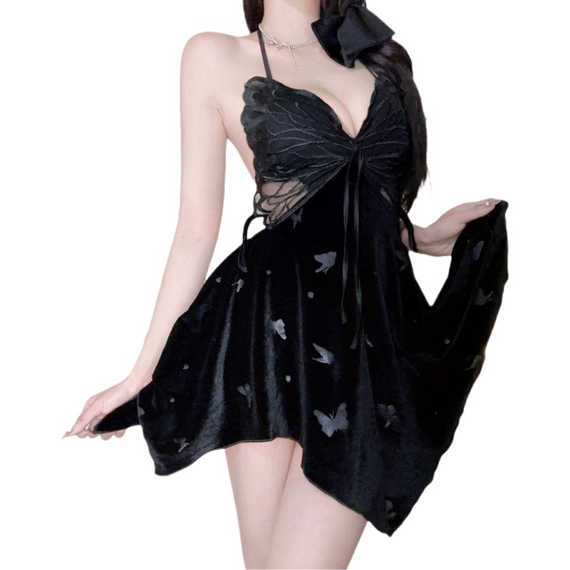 Butterfly Lace Perspective Deep V Temptation Plus Chest Pad Velvet Printed Nightdress Fun Robe Home Clothes suit 6242