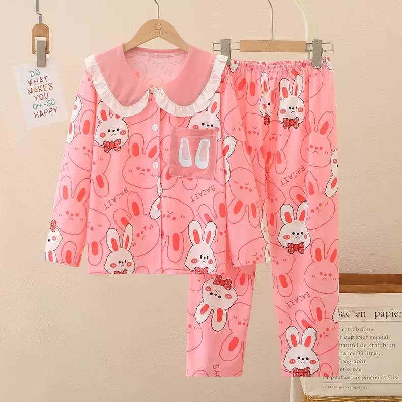 Picture of Girls' Pajamas Spring and Autumn New Lapel Long Sleeve suit Children's Home Clothes Cardigan Home Clothes Middle and Big Children