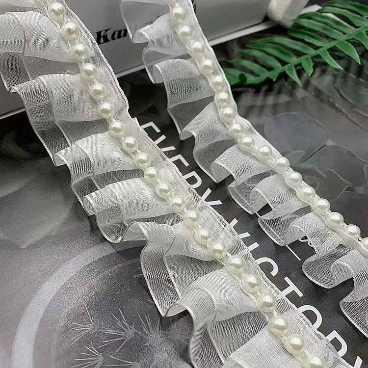 New White Lace Mesh Pleated Pearl Lace Bead Ribbon DIY Skirt Clothes Bag Decoration Accessories