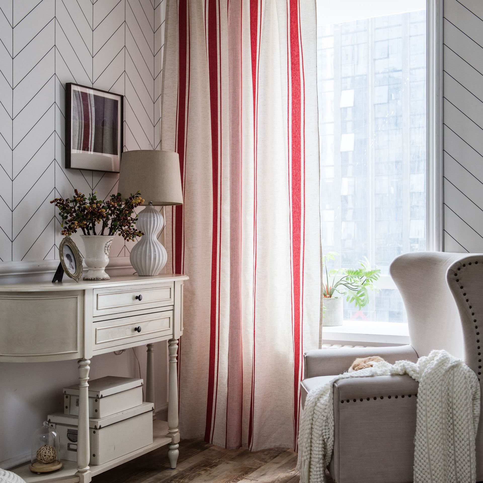 Red Stripe Yarn-dyed Finished American Style Small Window Kitchen Curtain Semi-shading Curtain