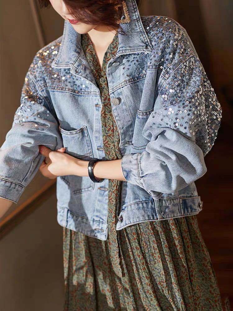 Picture of Foreign Trade Southeast Asia Spring and Summer New Fashion Sequin Denim Coat Women's European Station Short Loose Jacket Tide