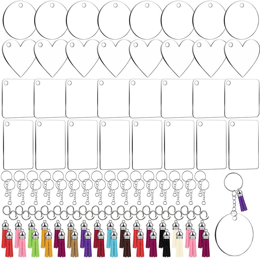 128 pieces of various shapes transparent acrylic keychain color leather tassel car key chain bag pendant