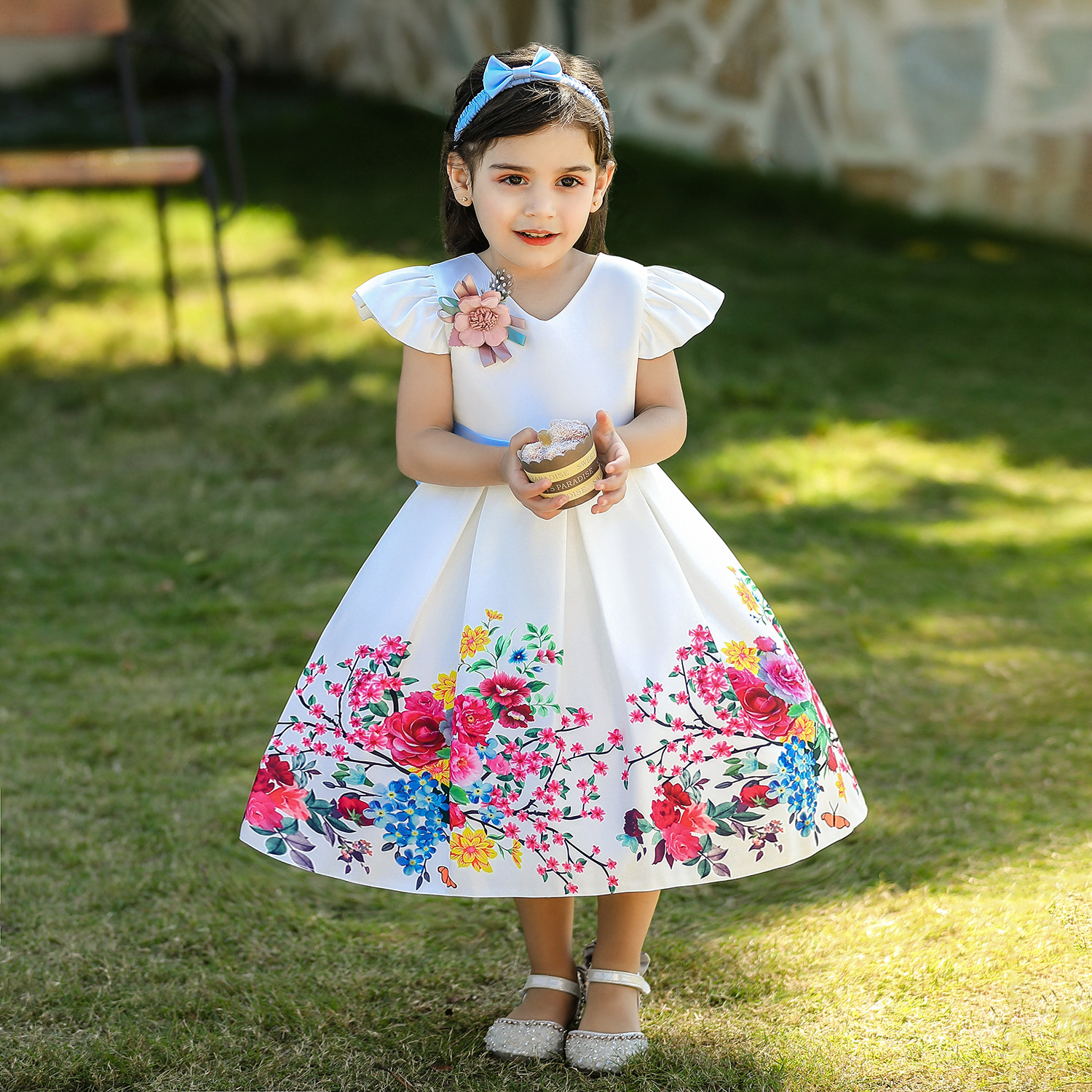 Cross-border Girls' Dress Bow Printed Holiday Dress Birthday Banquet Girls' One-year-old Puffy Dress