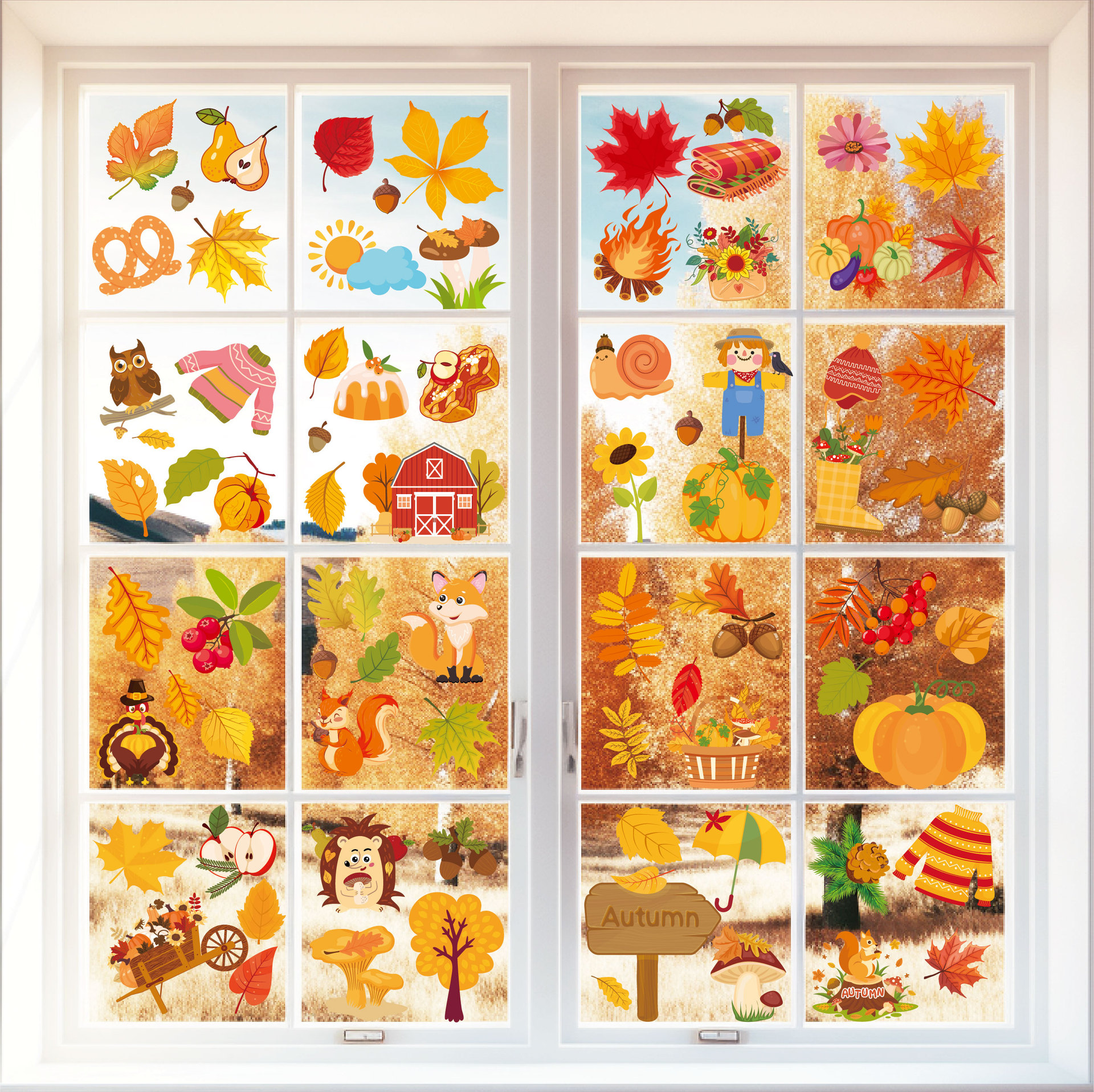 Cross-Border Autum Electrostatic Glass Stickers Leaves Squirrel Pumpkin Cartoon Window Door Stickers Background Decoration Thanksgiving Window Stickers