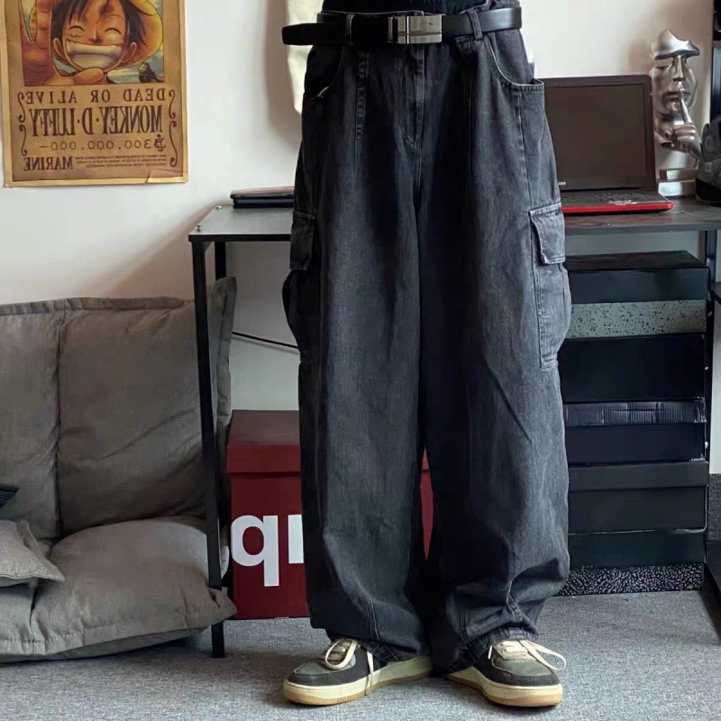 High Street Loose Wide Leg Jeans Men's Vintage 2024 Washed Dipped Tooling Big Pocket Trendy Dad Pants