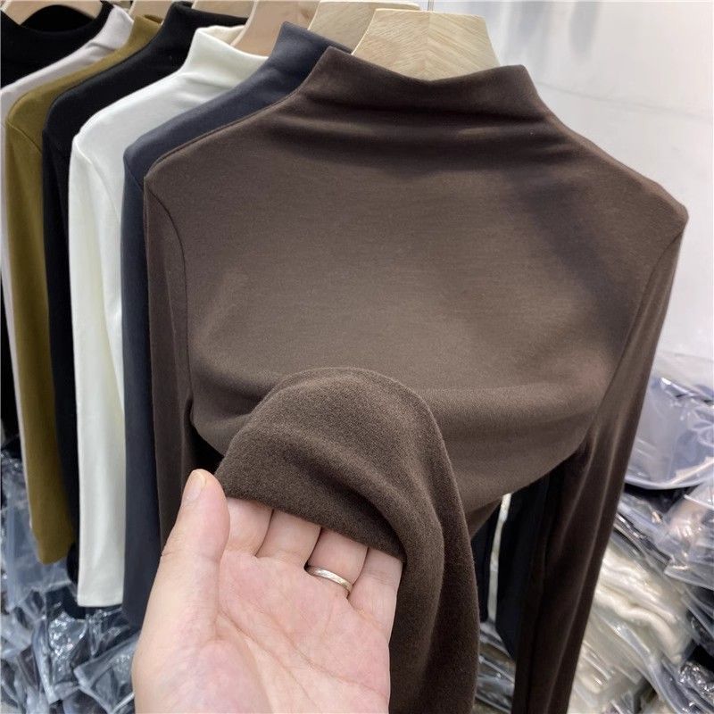 Picture of German velvet semi-high collar brushed fleece-lined warm base shirt women's new spring and autumn western style inner long sleeve t-shirt top ins