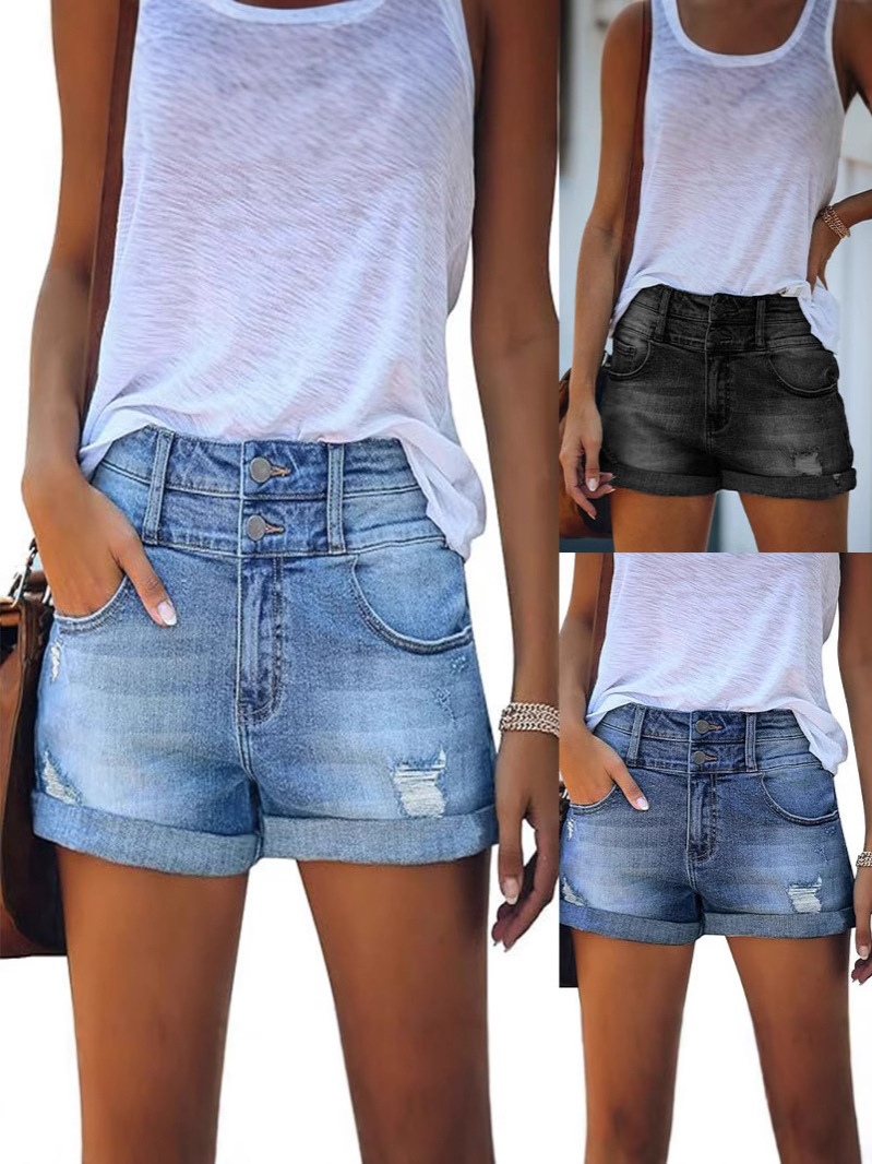2025 European and American Women's Clothing New Amazon Women's High-grade Ripped Three-point Pants High Waist Straight Pants Jeans Women