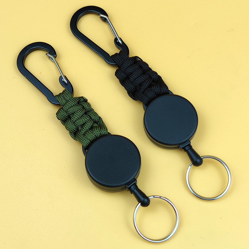 Black Carabiner Paracord Braided Easy-Pull Keychain High Elastic Retractable Steel Wire Easy-Pull Buckle Outdoor Anti-Lost