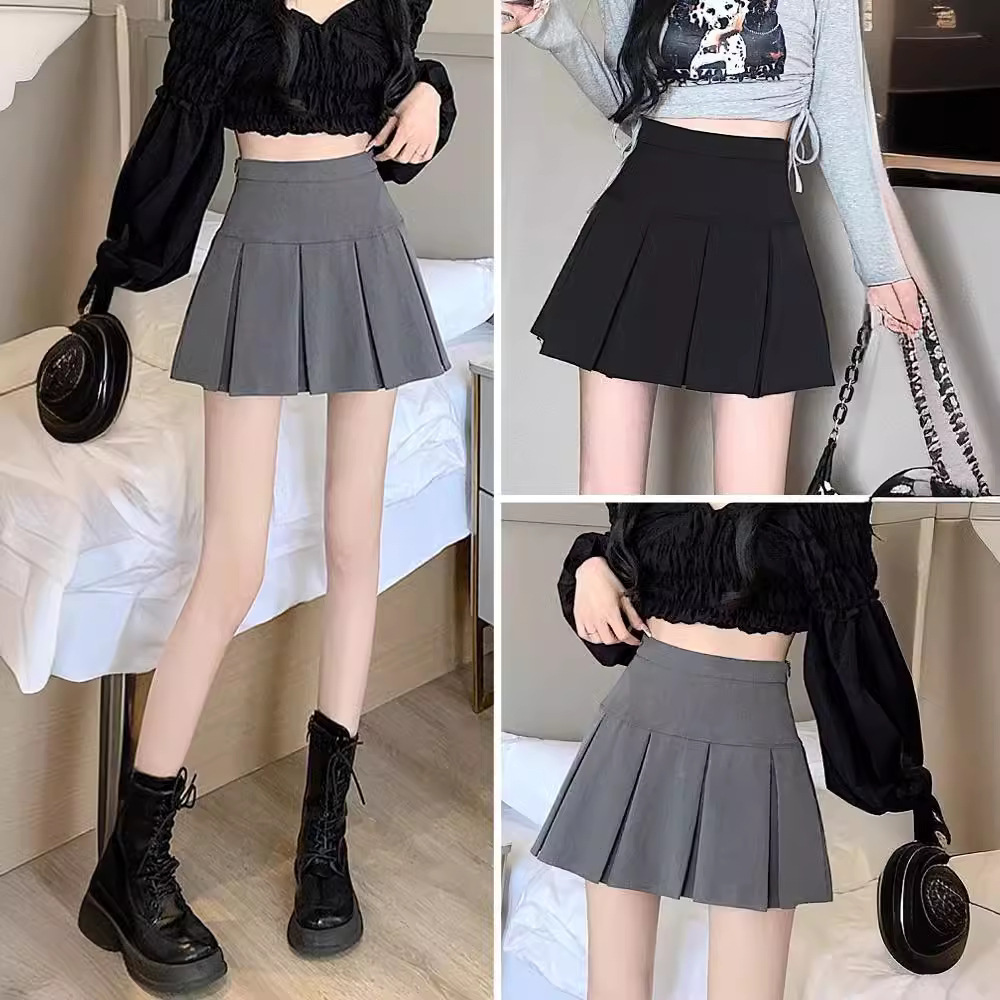 Grey Pleated Skirt Skirt Women's Summer 2024 New Anti-glare A- line Short Skirt Slimming High Waist Puffy Umbrella Skirt