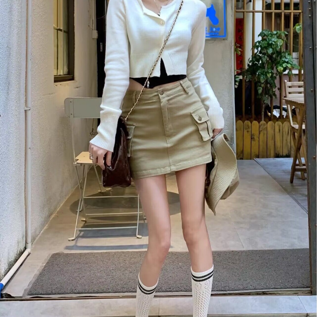 Pure Desire Khaki A- line Overskirt Women's Summer Denim Skirt Sexy Hip Skirt Pocket Skirt