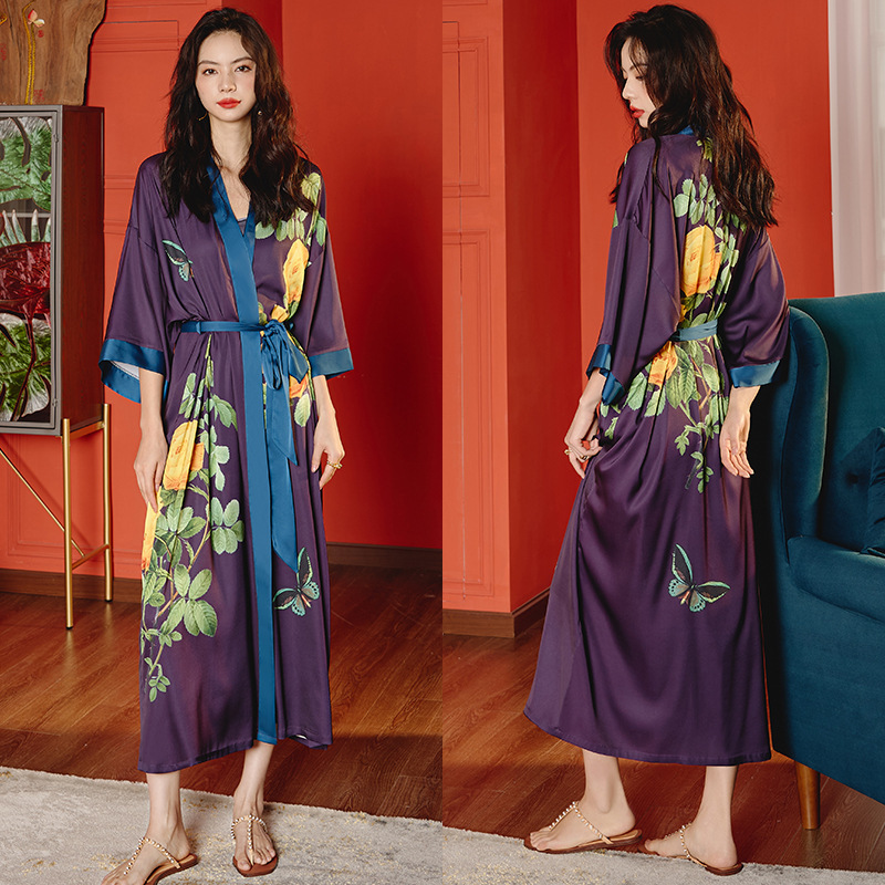 Picture of Yaoting Satin Printed Pajamas for Women Summer Large Size Accessible Luxury Three-Quarter Sleeves Cool Long Nightgown Home Wear Women Wp2669
