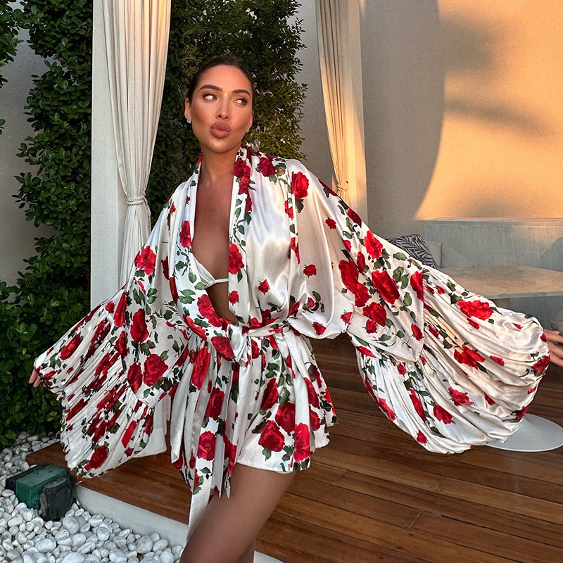 European and American Cross-Border Women's Clothing 2025 Summer New Style Fresh and Sweet Printed Lantern Sleeves Loose Large Size Shirt Skirt Short Skirt
