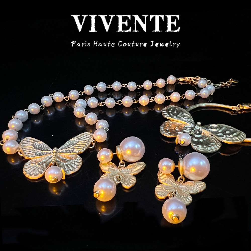 D Home Butterfly Hot Sale suit French Simple 24K Copper Plated Real Gold High Version Butterfly Earrings Clavicle Bracelet