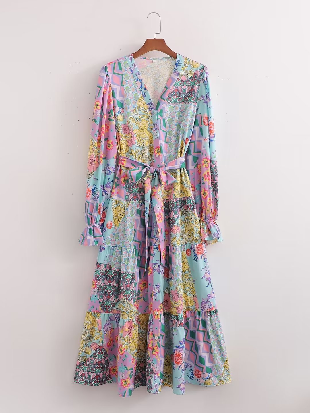 2025 Export Cross-Border Wholesale European and American V Neck Long-Sleeved Printed Dress Long Skirt 6632