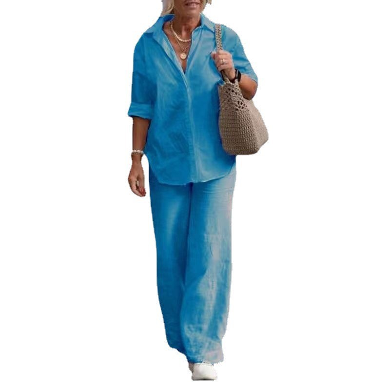 Picture of European and American Cross-Border Women's Two-Piece Set for Women 2024 Lapel Long-Sleeved Shirt Spring and Autum Casual Pure Color Pants Wide-Leg Suit