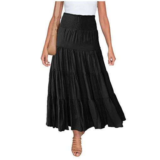 2025 Cross-Border European and American Style Summer Elastic High-Waisted Bohemian Style Long Skirt Casual Drawstring A-Line Long Skirt