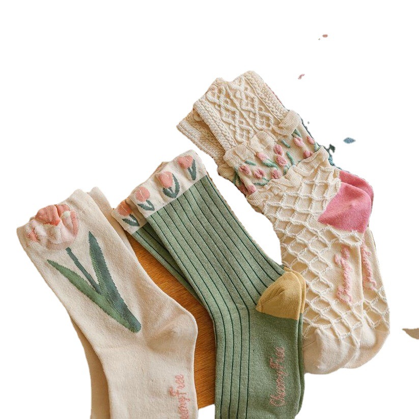 Autumn and winter socks children's mid-tube piled socks double-layer wooden ear Tulip floral cotton socks vintage academic style mid-tube socks