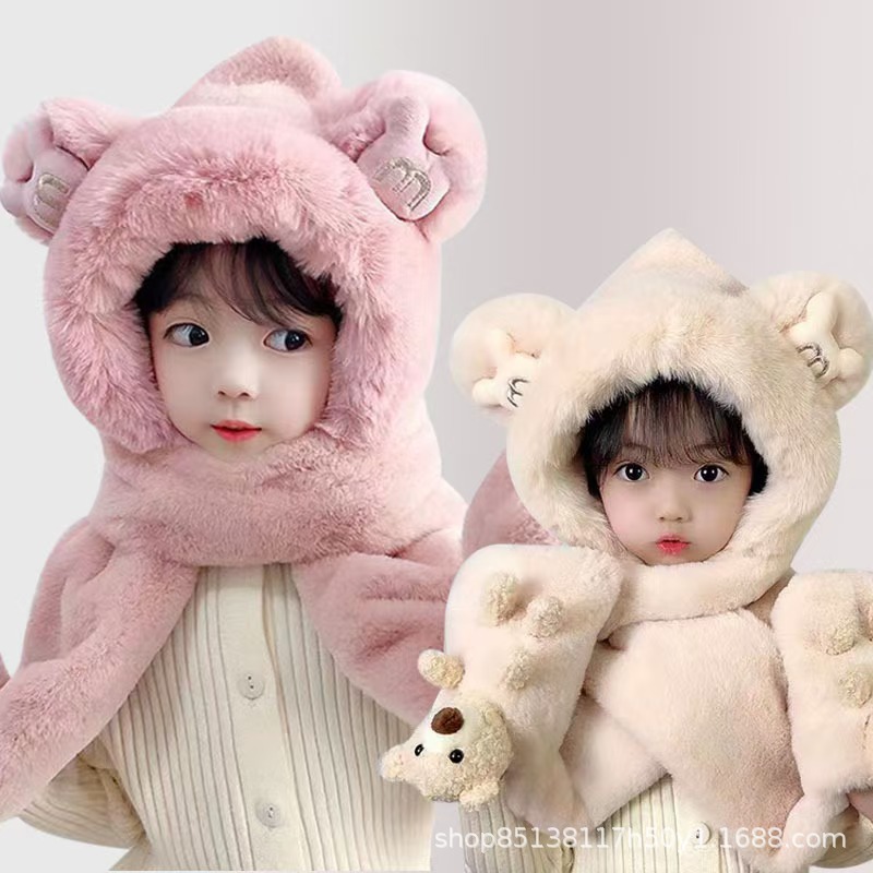 Parent-Child Bear Hat Scarf Integrated Children's Baby fleece-lined Thickened Cute Plush Scarf Gloves Three-Piece Set
