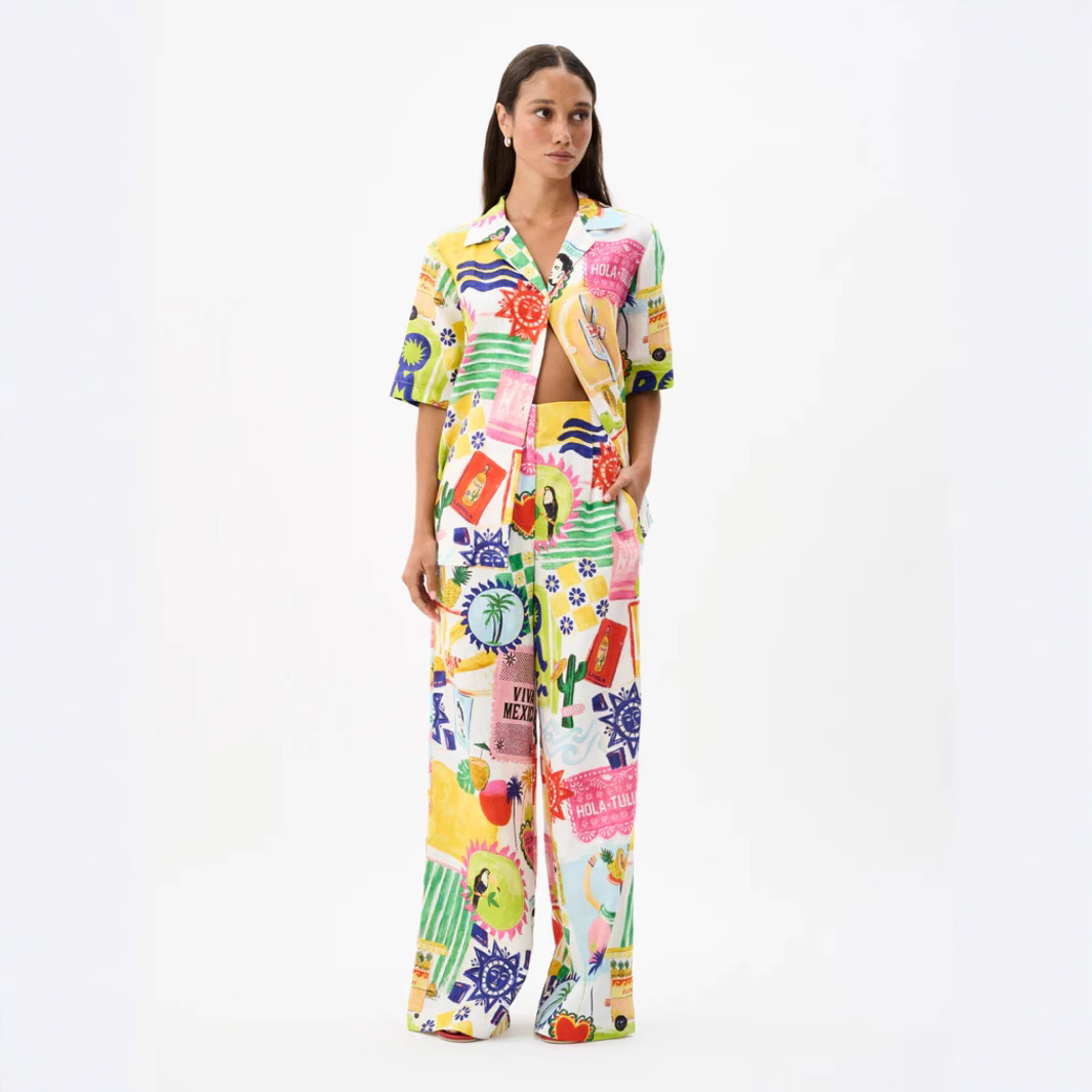 Europe and the United States cross-border 2024 independent station AliExpress fashion linen printing short sleeve color holiday leisure all-match suit