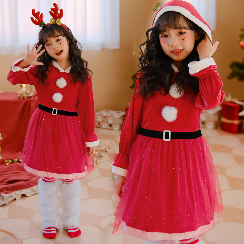 Christmas children's clothing girls' elk long sleeve dress red dress party dress up costume Santa Claus