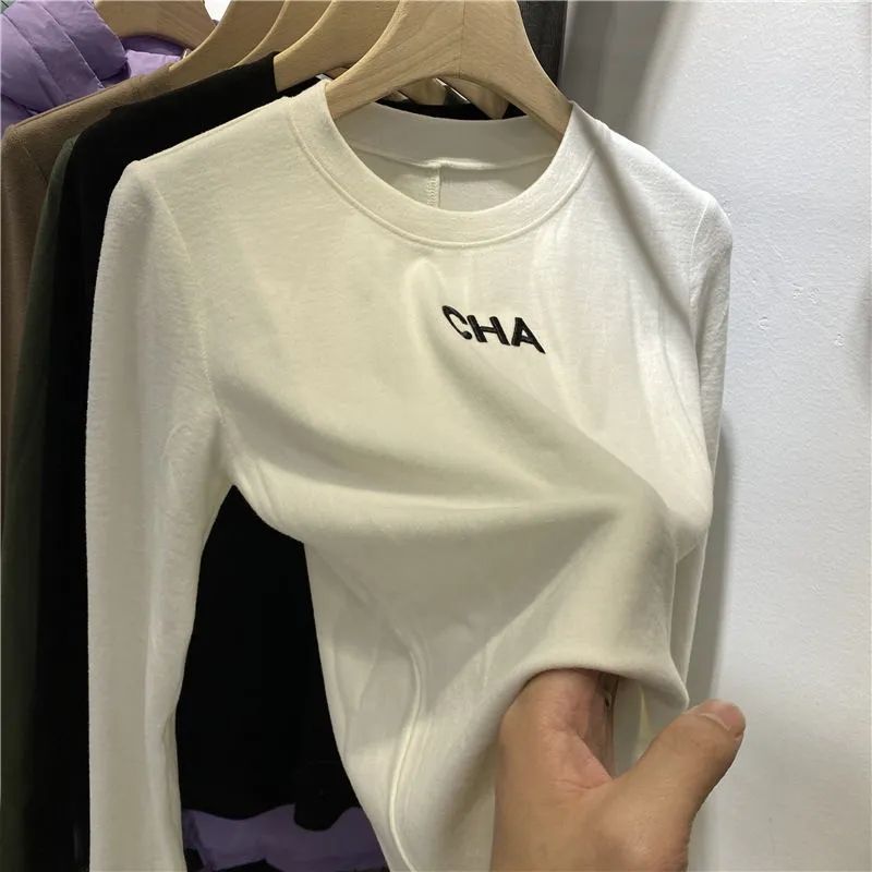 Double-sided Velvet Letter Embroidered Long-sleeved T-shirt Women's Autumn and Winter New Round Neck fleece-lined Thickened Inner Base Shirt Top