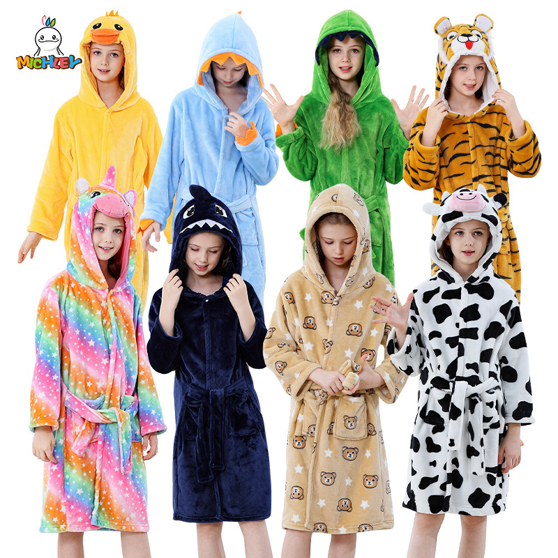 michley New Children's Home Clothes Large Children's Flannel Hooded Pajamas Cross-border Children's Cartoon Nightgown