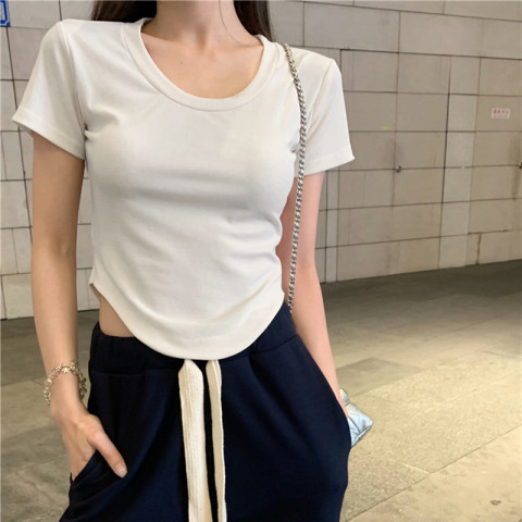Summer design sense niche pure desire sweet hot girl u-neck short-sleeved T-shirt women's irregular short cotton all-match top