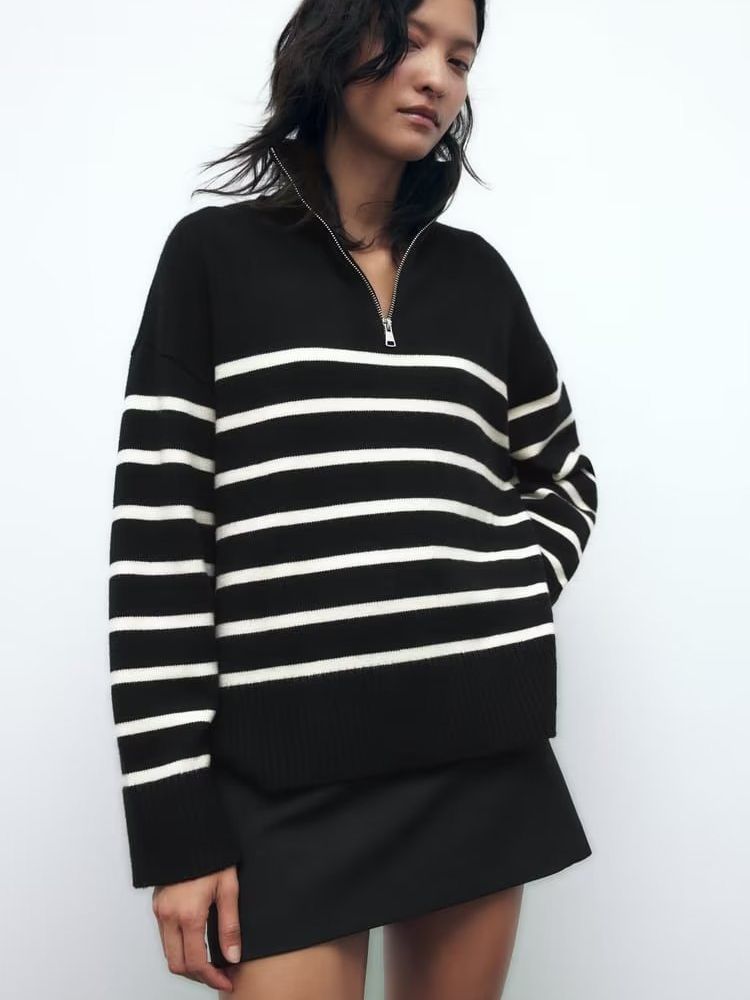 Foreign Trade 2022 Autum European and American Style Zaura Women's Zipper Decoration Classic Stripesd Long-Sleeved Knitwear Women's Fashion