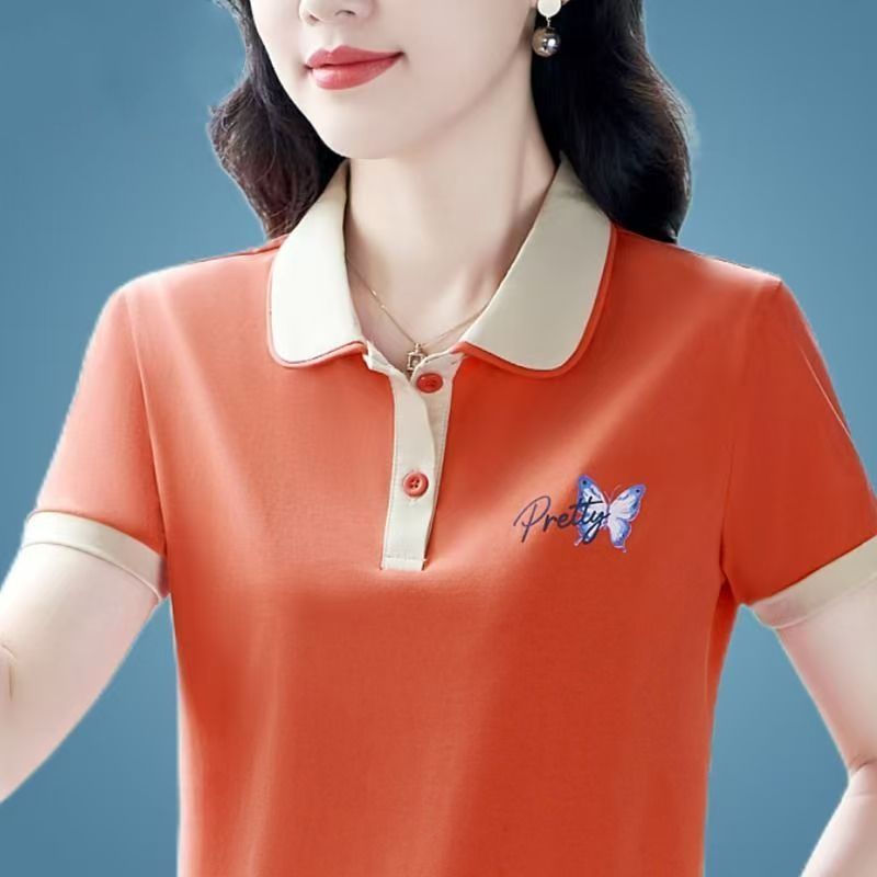 Middle-aged mother lapel short sleeve T-shirt women 2024 new age-reducing temperament summer top printed half sleeve versatile