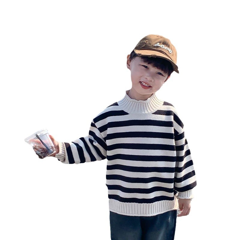 Picture of Girls' Sweater Turtleneck Autumn and Winter Boys' Thickened Striped Inner Wear Children's Baby's Knitted Base fleece-lined Sweater