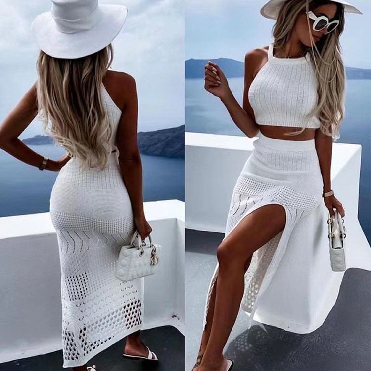 Picture of Cross-border European and American sexy beach skirt set summer sleeveless knitted short top long split skirt for women