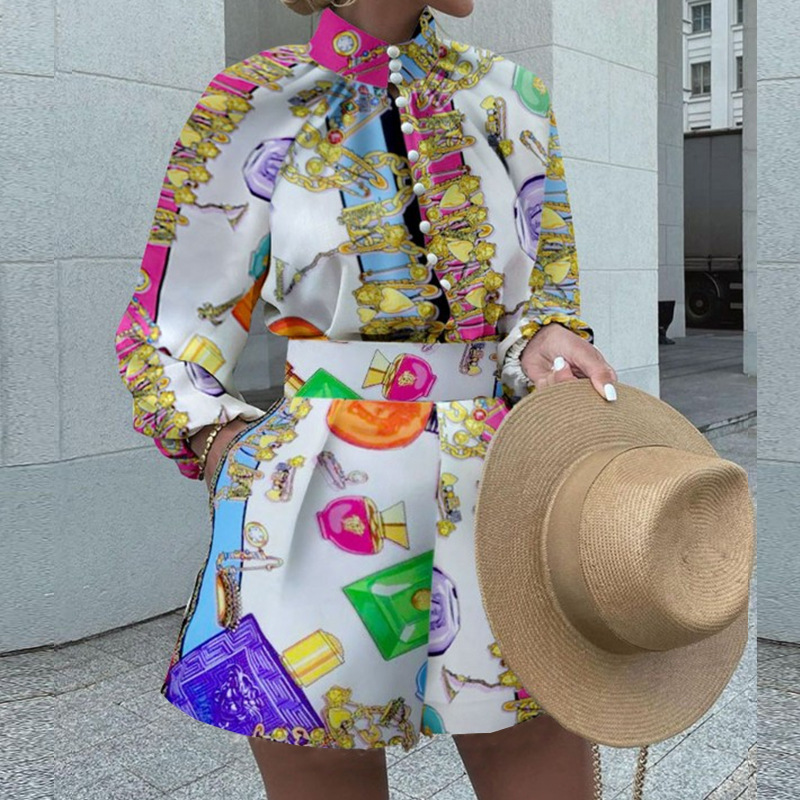 Picture of Fd437 Spot 2025 European and American Autumn and Winter Women's Clothing Shopify Printed Long-Sleeved Tops and Shorts Set Two-Piece Set