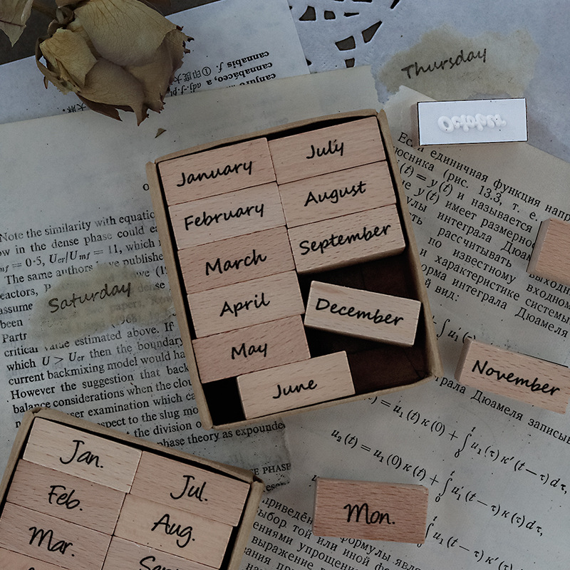 Wooden English Month Week Seal Digital Alphabet Handbook Diary Tool Material Retro Basic Student Seal