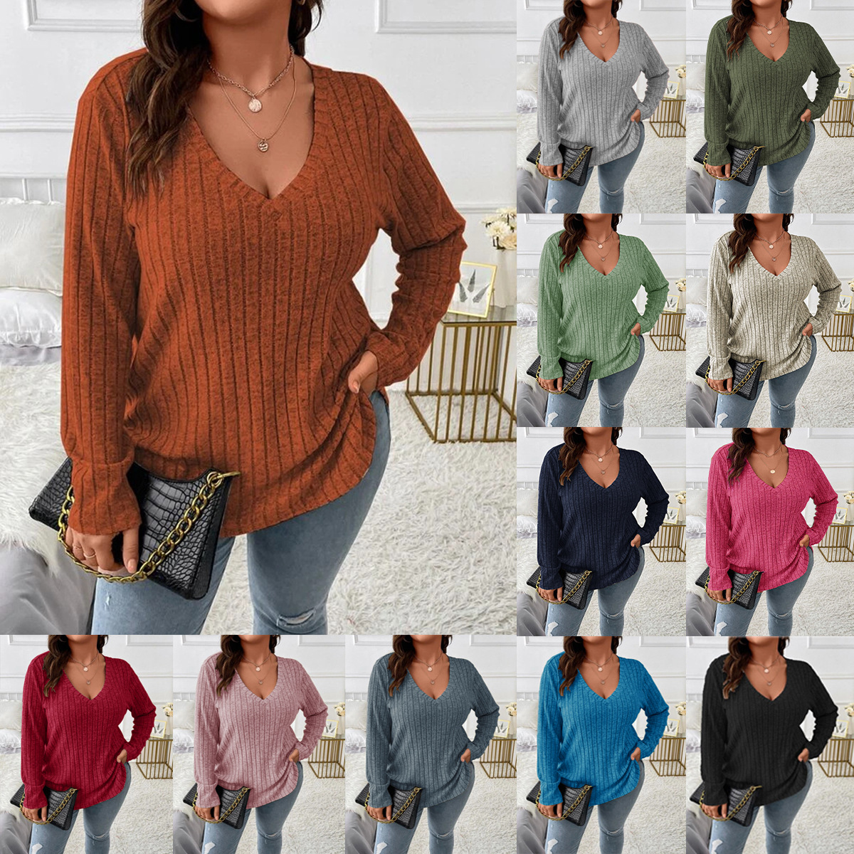 2024 Amazon Fall/Winter New Solid Color plus size Women's Top V-Neck Long Sleeve Pit Sanding T-Shirt Loose Pullover